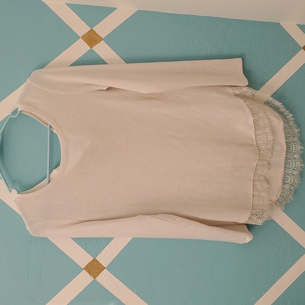 LC Lauren Condrad  Cream & Gold Glitter Lace & Bow Sweater